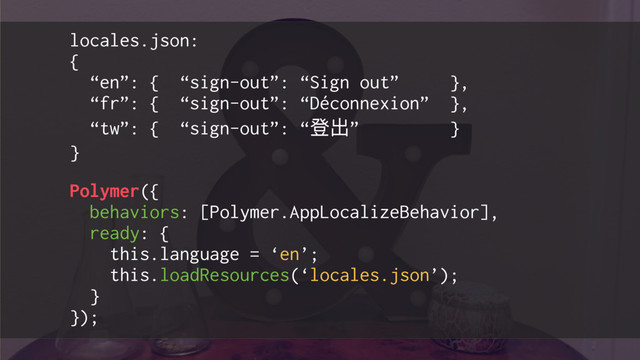 locales.json:
{
“en”: { “sign-out”: “Sign out” },
“fr”: { “sign-out”: “Déconnexion” },
“tw”: { “sign-out”: “ጭڊ” }
}
Polymer({
behaviors: [Polymer.AppLocalizeBehavior],
ready: {
this.language = ‘en’;
this.loadResources(‘locales.json’);
}
});
