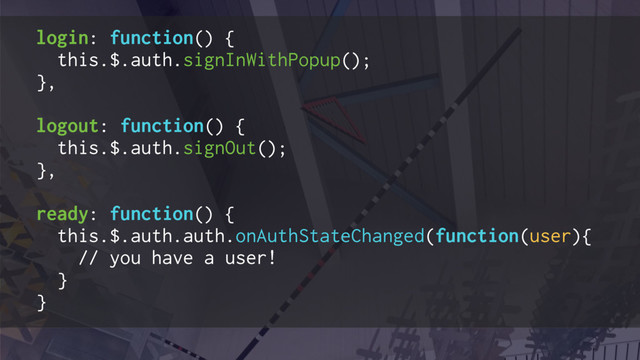 login: function() {
this.$.auth.signInWithPopup();
},
logout: function() {
this.$.auth.signOut();
},
ready: function() {
this.$.auth.auth.onAuthStateChanged(function(user){
// you have a user!
}
}
