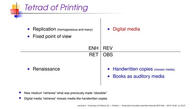 Tetrad of Printing
Replication (homogeneous and many)
Fixed point of view
Digital media
ENH REV
RET OBS
Renaissance Handwritten copies (mosaic media)
Books as auditory media
New medium “retrieves” what was previously made “obsolete”
Digital media “retrieves” mosaic media like handwritten copies
Lecture 2 : Overview of FinTech (2) — FinTech — Financial Innovation and the Internet 2019 Fall — 2019-10-04 – p.15/37
