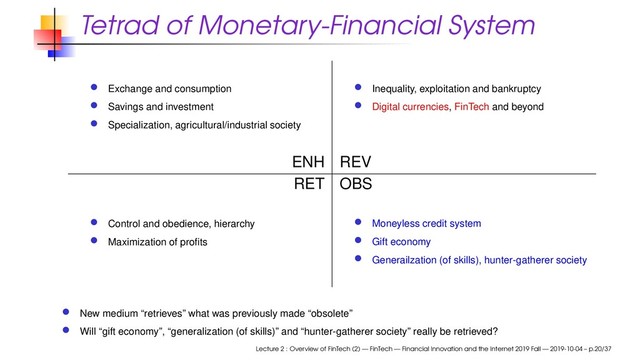 Tetrad of Monetary-Financial System
Exchange and consumption
Savings and investment
Specialization, agricultural/industrial society
Inequality, exploitation and bankruptcy
Digital currencies, FinTech and beyond
ENH REV
RET OBS
Control and obedience, hierarchy
Maximization of proﬁts
Moneyless credit system
Gift economy
Generailzation (of skills), hunter-gatherer society
New medium “retrieves” what was previously made “obsolete”
Will “gift economy”, “generalization (of skills)” and “hunter-gatherer society” really be retrieved?
Lecture 2 : Overview of FinTech (2) — FinTech — Financial Innovation and the Internet 2019 Fall — 2019-10-04 – p.20/37

