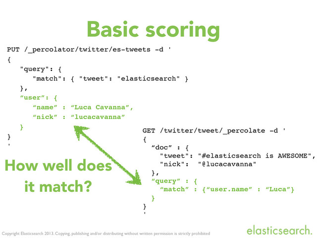 Copyright Elasticsearch 2013. Copying, publishing and/or distributing without written permission is strictly prohibited
Basic scoring
PUT /_percolator/twitter/es-tweets -d '
{
"query": {
"match": { "tweet": "elasticsearch" }
},
“user”: {
“name” : “Luca Cavanna”,
“nick” : “lucacavanna”
}
}
'
GET /twitter/tweet/_percolate -d '
{
“doc” : {
"tweet": "#elasticsearch is AWESOME",
"nick": "@lucacavanna"
},
“query” : {
“match” : {“user.name” : “Luca”}
}
}
'
How well does
it match?
