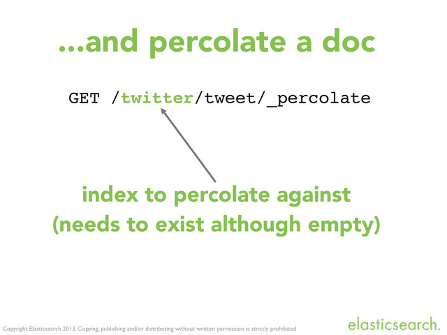 Copyright Elasticsearch 2013. Copying, publishing and/or distributing without written permission is strictly prohibited
GET /twitter/tweet/_percolate
...and percolate a doc
index to percolate against
(needs to exist although empty)
