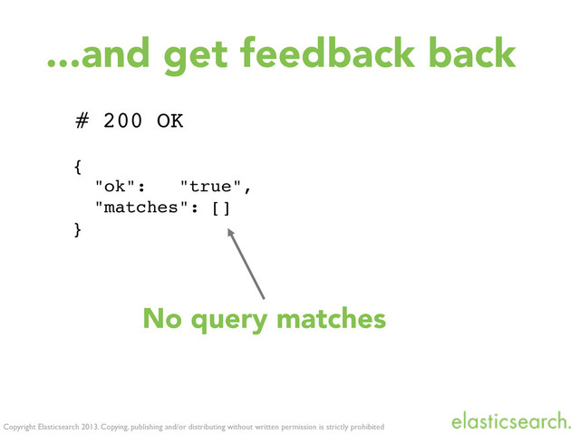 {
"ok": "true",
"matches": []
}
Copyright Elasticsearch 2013. Copying, publishing and/or distributing without written permission is strictly prohibited
# 200 OK
No query matches
...and get feedback back
