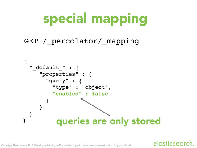 Copyright Elasticsearch 2013. Copying, publishing and/or distributing without written permission is strictly prohibited
GET /_percolator/_mapping
{
"_default_" : {
"properties" : {
"query" : {
"type" : "object",
"enabled" : false
}
}
}
}
special mapping
queries are only stored
