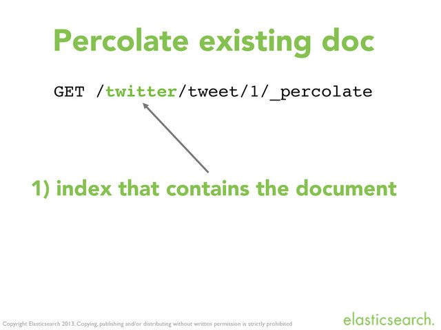 Copyright Elasticsearch 2013. Copying, publishing and/or distributing without written permission is strictly prohibited
GET /twitter/tweet/1/_percolate
Percolate existing doc
1) index that contains the document
