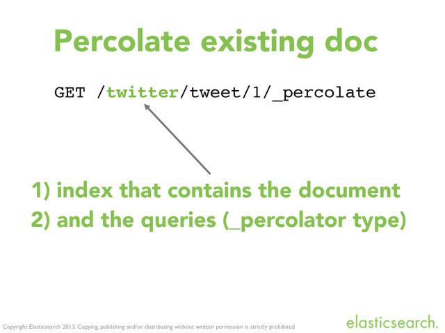 Copyright Elasticsearch 2013. Copying, publishing and/or distributing without written permission is strictly prohibited
GET /twitter/tweet/1/_percolate
Percolate existing doc
1) index that contains the document
2) and the queries (_percolator type)
