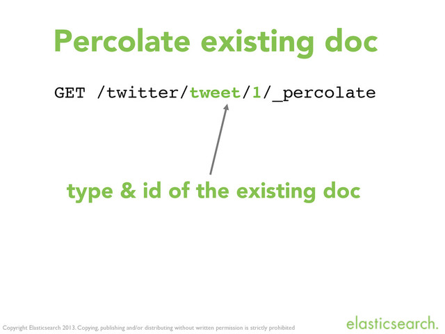 Copyright Elasticsearch 2013. Copying, publishing and/or distributing without written permission is strictly prohibited
GET /twitter/tweet/1/_percolate
Percolate existing doc
type & id of the existing doc
