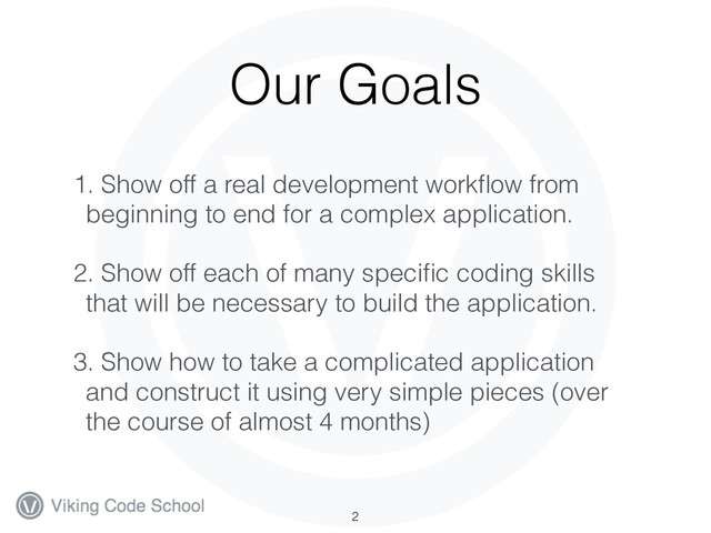 Our Goals
1. Show off a real development workﬂow from
beginning to end for a complex application.
2. Show off each of many speciﬁc coding skills
that will be necessary to build the application.
3. Show how to take a complicated application
and construct it using very simple pieces (over
the course of almost 4 months)
2
