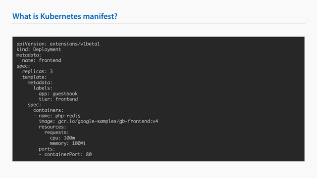 What is Kubernetes manifest?
apiVersion: extensions/v1beta1
kind: Deployment
metadata:
name: frontend
spec:
replicas: 3
template:
metadata:
labels:
app: guestbook
tier: frontend
spec:
containers:
- name: php-redis
image: gcr.io/google-samples/gb-frontend:v4
resources:
requests:
cpu: 100m
memory: 100Mi
ports:
- containerPort: 80
