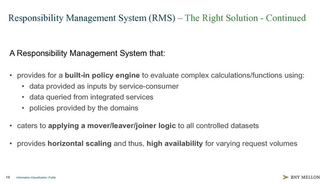 Information Classification: Public
19
Responsibility Management System (RMS) – The Right Solution - Continued
A Responsibility Management System that:
• provides for a built-in policy engine to evaluate complex calculations/functions using:
• data provided as inputs by service-consumer
• data queried from integrated services
• policies provided by the domains
• caters to applying a mover/leaver/joiner logic to all controlled datasets
• provides horizontal scaling and thus, high availability for varying request volumes
