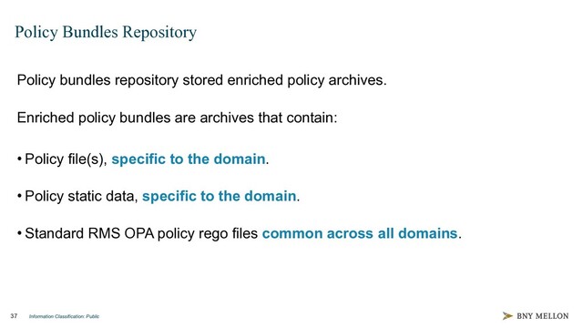 Information Classification: Public
37
Policy Bundles Repository
Policy bundles repository stored enriched policy archives.
Enriched policy bundles are archives that contain:
• Policy file(s), specific to the domain.
• Policy static data, specific to the domain.
• Standard RMS OPA policy rego files common across all domains.
