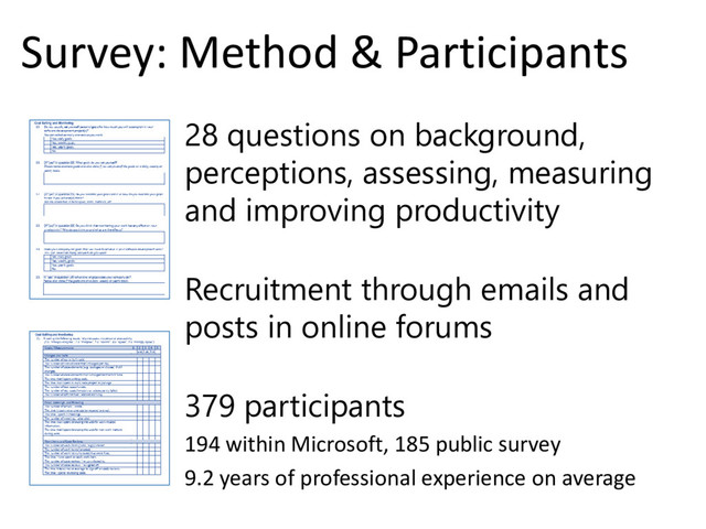 © Microsoft Corporation
Survey: Method & Participants
28 questions on background,
perceptions, assessing, measuring
and improving productivity
Recruitment through emails and
posts in online forums
379 participants
194 within Microsoft, 185 public survey
9.2 years of professional experience on average
