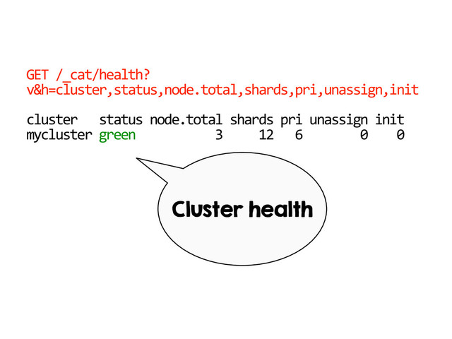 GET  /_cat/health?
v&h=cluster,status,node.total,shards,pri,unassign,init  
cluster      status  node.total  shards  pri  unassign  init    
mycluster  green                      3          12      6                0        0    
Cluster health
