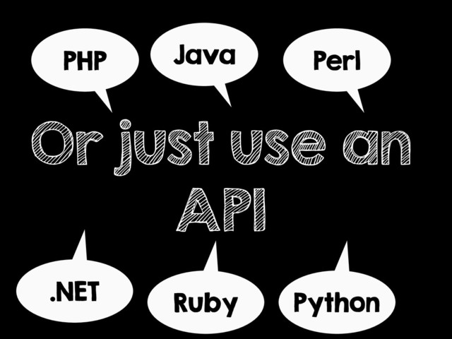 Or just use an
API
PHP Java Perl
Python
Ruby
.NET
