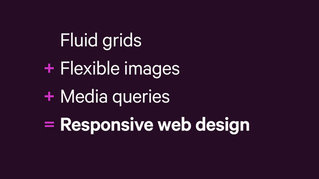 Fluid grids
Flexible images
Media queries
Responsive web design
+
+
=

