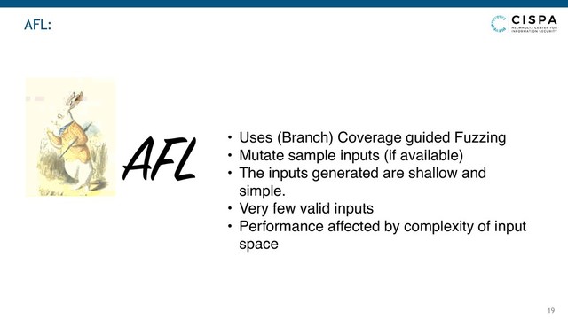 AFL:
19
AFL • Uses (Branch) Coverage guided Fuzzing
• Mutate sample inputs (if available)
• The inputs generated are shallow and
simple.
• Very few valid inputs
• Performance affected by complexity of input
space
