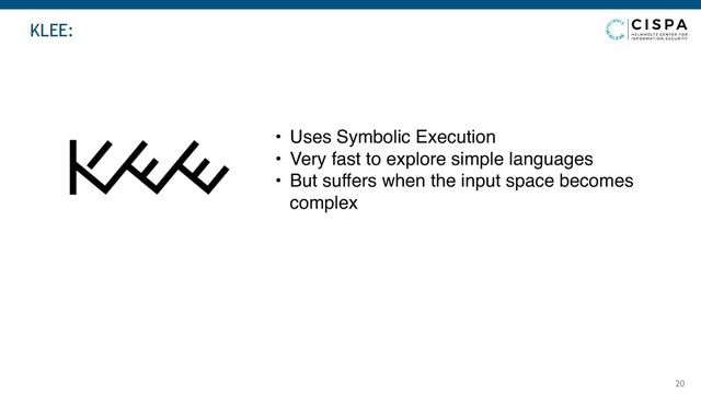 KLEE:
20
• Uses Symbolic Execution
• Very fast to explore simple languages
• But suffers when the input space becomes
complex
