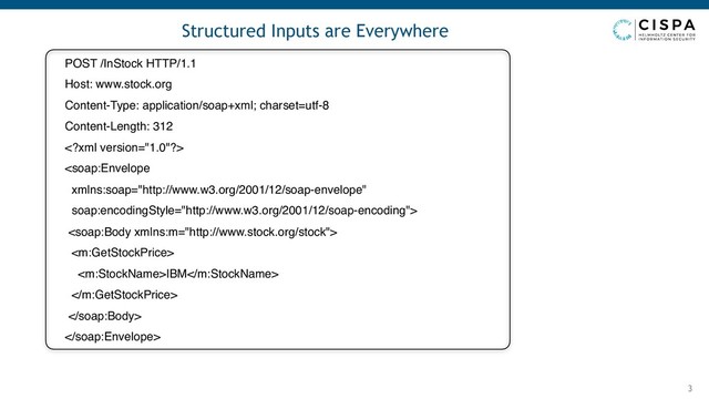 Structured Inputs are Everywhere
3
POST /InStock HTTP/1.1
Host: www.stock.org
Content-Type: application/soap+xml; charset=utf-8
Content-Length: 312




IBM



