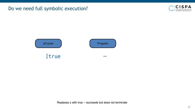 Do we need full symbolic execution?
27
--
pFuzzer Program
[true
Replaces z with true -- succeeds but does not terminate
