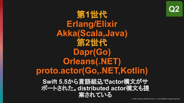 © 2021, Amazon Web Services, Inc. or its affiliates. All rights reserved.
第1世代
Erlang/Elixir
Akka(Scala,Java)
第2世代
Dapr(Go)
Orleans(.NET)
proto.actor(Go,.NET,Kotlin)
Q2
Swift 5.5から言語組込でactor構文がサ
ポートされた。distributed actor構文も提
案されている
