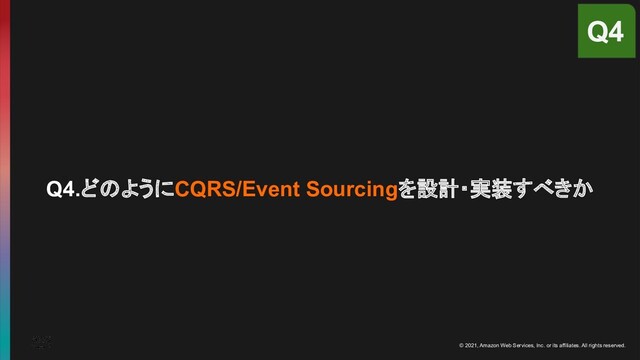 © 2021, Amazon Web Services, Inc. or its affiliates. All rights reserved.
Q4.どのようにCQRS/Event Sourcingを設計・実装すべきか
Q4
