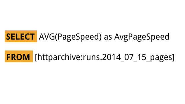 SELECT AVG(PageSpeed) as AvgPageSpeed
FROM [httparchive:runs.2014_07_15_pages]
