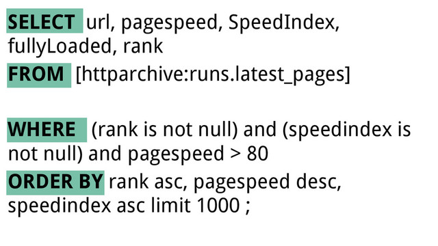 SELECT url, pagespeed, SpeedIndex,
fullyLoaded, rank
FROM [httparchive:runs.latest_pages]
WHERE (rank is not null) and (speedindex is
not null) and pagespeed > 80
ORDER BY rank asc, pagespeed desc,
speedindex asc limit 1000 ;
