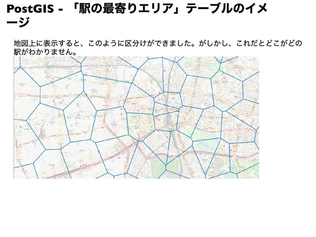 PostGIS -
「駅の最寄りエリア」テーブルのイメ
ージ
地図上に表示すると、このように区分けができました。がしかし、これだとどこがどの
駅がわかりません。
