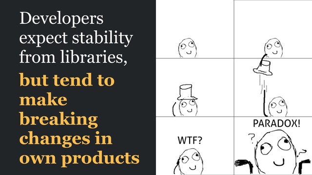 Developers
expect stability
from libraries,
but tend to
make
breaking
changes in
own products
