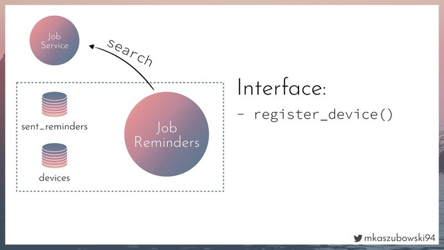 mkaszubowski94
- register_device()
Interface:
Job
Service
search
Job
Reminders
sent_reminders
devices
