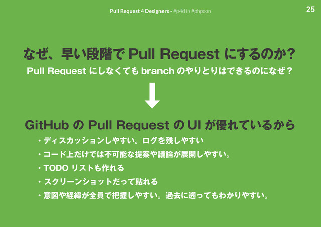 25
Pull Request 4 Designers - #p4d in #phpcon
Pull Request にしなくても branch のやりとりはできるのになぜ？
GitHub の Pull Request の UI が優れているから
・ディスカッションしやすい。ログを残しやすい
・コード上だけでは不可能な提案や議論が展開しやすい。
・TODO リストも作れる
・ スクリーンショットだって貼れる
・意図や経緯が全員で把握しやすい。過去に遡ってもわかりやすい。
なぜ、早い段階で Pull Request にするのか？
