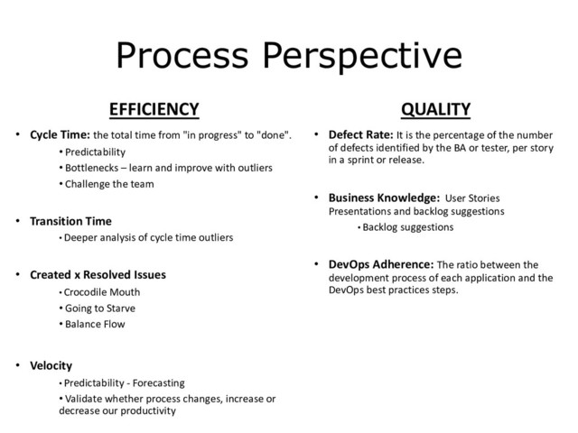 C1 - Public Natixis
Process Perspective
QUALITY
• Defect Rate: It is the percentage of the number
of defects identified by the BA or tester, per story
in a sprint or release.
• Business Knowledge: User Stories
Presentations and backlog suggestions
• Backlog suggestions
• DevOps Adherence: The ratio between the
development process of each application and the
DevOps best practices steps.
EFFICIENCY
• Cycle Time: the total time from "in progress" to "done".
• Predictability
• Bottlenecks – learn and improve with outliers
• Challenge the team
• Transition Time
• Deeper analysis of cycle time outliers
• Created x Resolved Issues
• Crocodile Mouth
• Going to Starve
• Balance Flow
• Velocity
• Predictability - Forecasting
• Validate whether process changes, increase or
decrease our productivity

