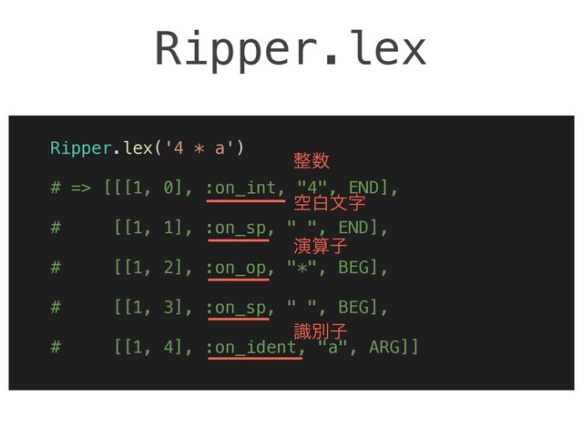 Ripper.lex
Ripper.lex('4 * a')
# => [[[1, 0], :on_int, "4", END],
# [[1, 1], :on_sp, " ", END],
# [[1, 2], :on_op, "*", BEG],
# [[1, 3], :on_sp, " ", BEG],
# [[1, 4], :on_ident, "a", ARG]]
੔਺
ۭനจࣈ
ԋࢉࢠ
ࣝผࢠ
