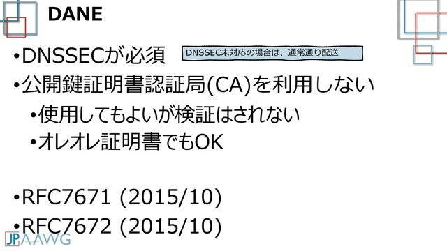 DANE
•DNSSECが必須
•公開鍵証明書認証局(CA)を利用しない
•使用してもよいが検証はされない
•オレオレ証明書でもOK
•RFC7671 (2015/10)
•RFC7672 (2015/10)
DNSSEC未対応の場合は、通常通り配送

