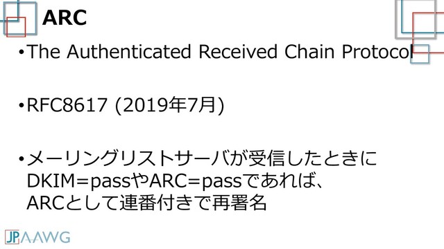 ARC
•The Authenticated Received Chain Protocol
•RFC8617 (2019年7月)
•メーリングリストサーバが受信したときに
DKIM=passやARC=passであれば、
ARCとして連番付きで再署名
