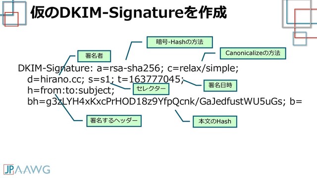 仮のDKIM-Signatureを作成
DKIM-Signature: a=rsa-sha256; c=relax/simple;
d=hirano.cc; s=s1; t=163777045;
h=from:to:subject;
bh=g3zLYH4xKxcPrHOD18z9YfpQcnk/GaJedfustWU5uGs; b=
Canonicalizeの方法
暗号-Hashの方法
署名者
署名日時
セレクター
署名するヘッダー 本文のHash
