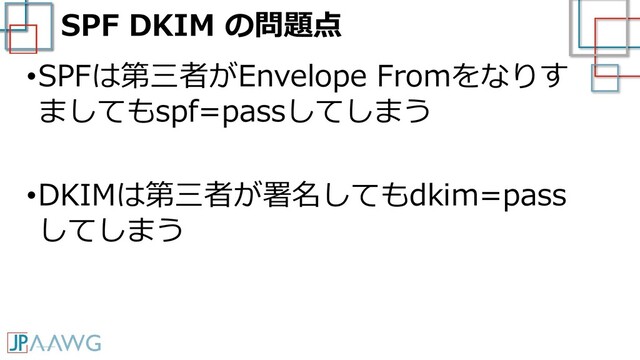 SPF DKIM の問題点
•SPFは第三者がEnvelope Fromをなりす
ましてもspf=passしてしまう
•DKIMは第三者が署名してもdkim=pass
してしまう
