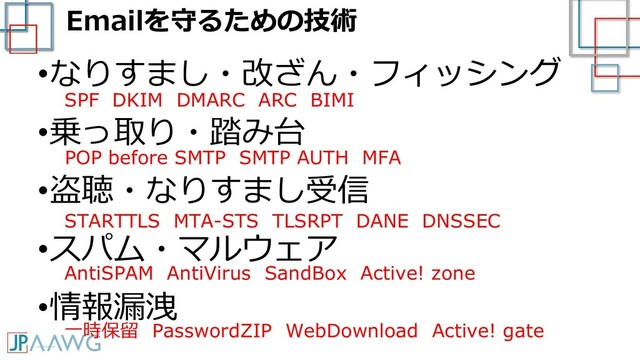 Emailを守るための技術
•なりすまし・改ざん・フィッシング
•乗っ取り・踏み台
•盗聴・なりすまし受信
•スパム・マルウェア
•情報漏洩
SPF DKIM DMARC ARC BIMI
POP before SMTP SMTP AUTH MFA
STARTTLS MTA-STS TLSRPT DANE DNSSEC
AntiSPAM AntiVirus SandBox Active! zone
一時保留 PasswordZIP WebDownload Active! gate
