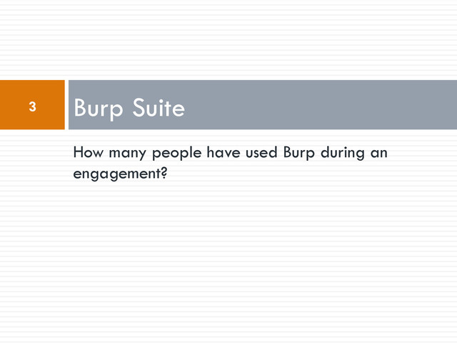 How many people have used Burp during an
engagement?
Burp Suite
3
