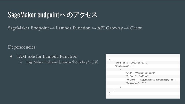 SageMaker endpointへのアクセス
SageMaker Endpoint
↔
Lambda Function
↔
API Gateway
↔
Client
Dependencies
●
IAM role for Lambda Function
○
SageMaker Endpoint
を
Invoke
する
Policy
が必要
