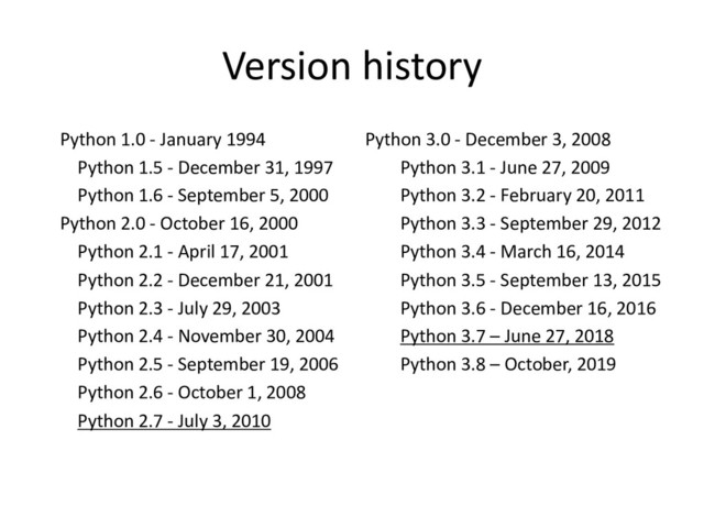 Version history
Python 1.0 - January 1994
Python 1.5 - December 31, 1997
Python 1.6 - September 5, 2000
Python 2.0 - October 16, 2000
Python 2.1 - April 17, 2001
Python 2.2 - December 21, 2001
Python 2.3 - July 29, 2003
Python 2.4 - November 30, 2004
Python 2.5 - September 19, 2006
Python 2.6 - October 1, 2008
Python 2.7 - July 3, 2010
Python 3.0 - December 3, 2008
Python 3.1 - June 27, 2009
Python 3.2 - February 20, 2011
Python 3.3 - September 29, 2012
Python 3.4 - March 16, 2014
Python 3.5 - September 13, 2015
Python 3.6 - December 16, 2016
Python 3.7 – June 27, 2018
Python 3.8 – October, 2019
