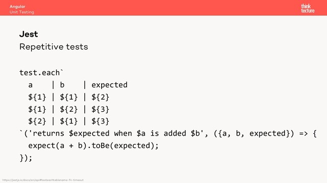 Repetitive tests
test.each`
a | b | expected
${1} | ${1} | ${2}
${1} | ${2} | ${3}
${2} | ${1} | ${3}
`('returns $expected when $a is added $b', ({a, b, expected}) => {
expect(a + b).toBe(expected);
});
Angular
Unit Testing
Jest
https://jestjs.io/docs/en/api#testeachtablename-fn-timeout
