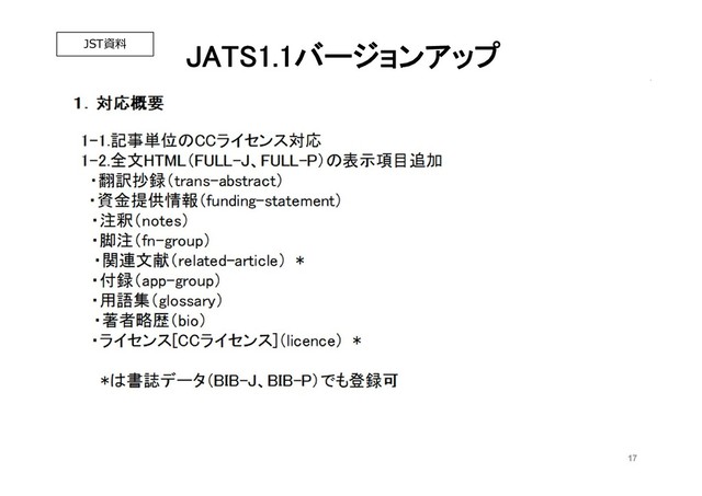 17
JATS1.1バージョンアップ
JST資料
