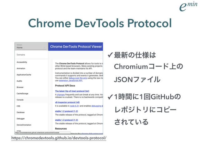 Chrome DevTools Protocol
https://chromedevtools.github.io/devtools-protocol/
✓ ࠷৽ͷ࢓༷͸
Chromiumίʔυ্ͷ 
JSONϑΝΠϧ
✓ 1࣌ؒʹ1ճGitHubͷ 
ϨϙδτϦʹίϐʔ 
͞Ε͍ͯΔ
