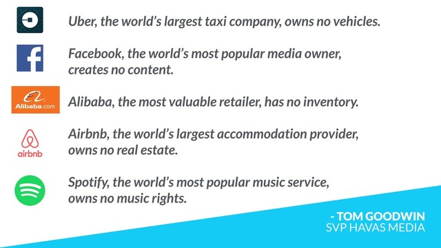 Uber, the world’s largest taxi company, owns no vehicles.
Facebook, the world’s most popular media owner,  
creates no content.
Alibaba, the most valuable retailer, has no inventory.
Airbnb, the world’s largest accommodation provider,  
owns no real estate.
Spotify, the world’s most popular music service,
owns no music rights.
- TOM GOODWIN 
SVP HAVAS MEDIA
