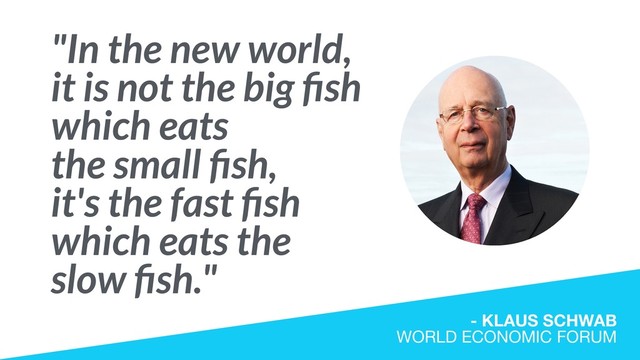 "In the new world,
it is not the big ﬁsh
which eats
the small ﬁsh,
it's the fast ﬁsh
which eats the  
slow ﬁsh."
- KLAUS SCHWAB 
WORLD ECONOMIC FORUM
