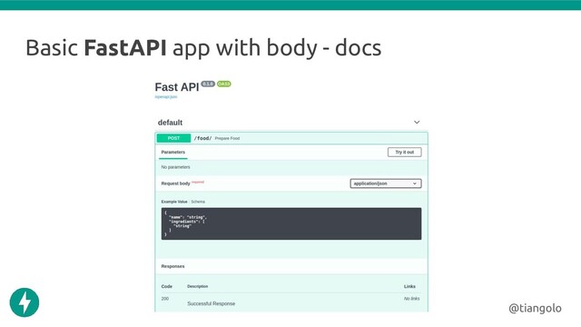 Basic FastAPI app with body - docs
@tiangolo
