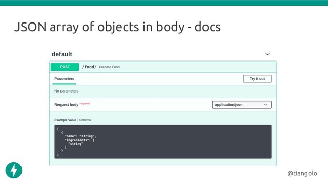 JSON array of objects in body - docs
@tiangolo
