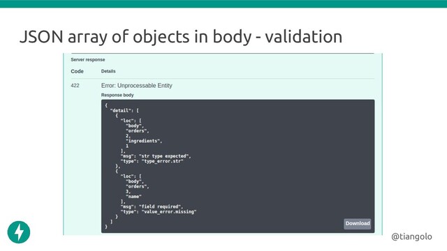 JSON array of objects in body - validation
@tiangolo

