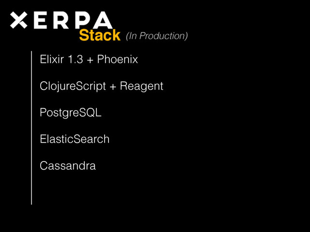 Stack
Elixir 1.3 + Phoenix
ClojureScript + Reagent
PostgreSQL
ElasticSearch
Cassandra
(In Production)
